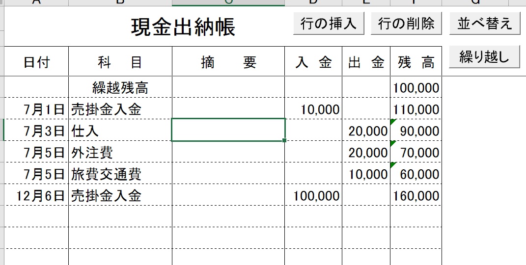 エクセルで簡単に現金出納帳入力