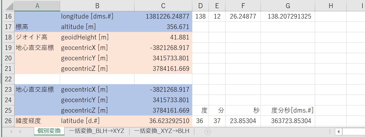 エクセルでBLH-地心直交座標XYZ相互変換テンプレート
