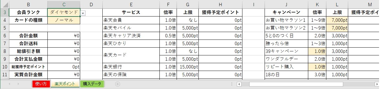 EXCEL楽天ポイント計算エクセルテンプレート